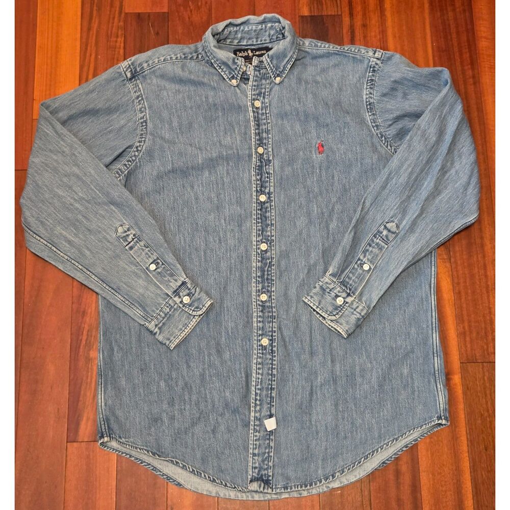 Vintage 80s 90s Faded Denim Ralph Lauren Button Down Long Sleeve M Shirt Oxford